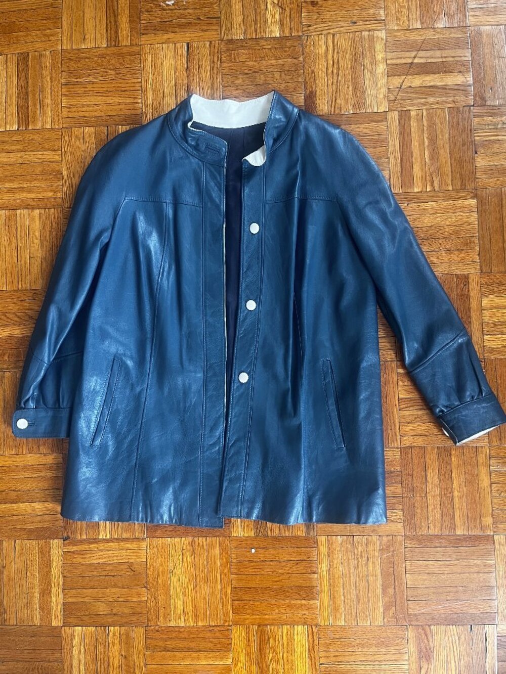 Blue Genuine Leather Jacket Women's Minimalist Snap Front Coat Vintage
